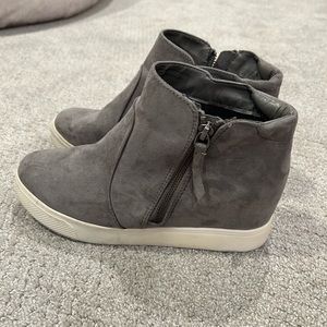 grey target booties with heel and zipper on side